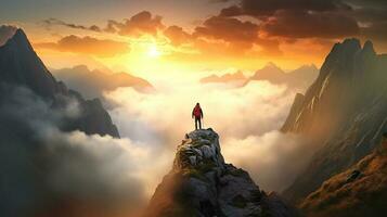 Stand man on top of mountain full of clouds around on sunset photo