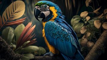 Colorful pair of parrots sitting on branch between leafs Tropical rainforest , flowers in the background, 3D rendering incredibly detailed. photo