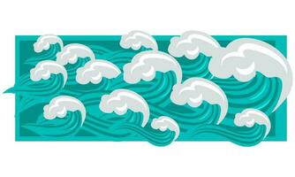 The surface of the ocean. Marine vector illustration with water waves, blue water and white foam, cartoon seascape or water landscape. Illustration of large waves framed on a white background