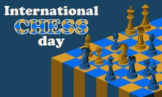 International Chess Day with a chessboard and chess pieces. A game of blue and yellow chess. Vector illustration of a chess board in the game. Colored opponents. Printing banners, postcards horizont