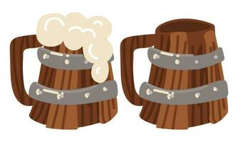 Classic wooden beer mug in several variations with and without foam. Assembled wooden container with iron hinges, fasteners in cartoon style. Bar, brewery, Oktoberfest Natural antique Liquid Tableware vector