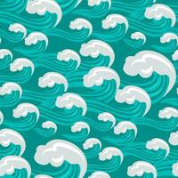 A pattern of large waves and foam on a blue background. Traditional oriental seamless pattern with ocean waves, foam, splashes. Vector background in vintage style. Printing on textiles and paper