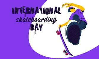 Poster International Skateboarding Day. A guy with a skateboard performs a jump on a purple background. Skateboard tricks, skating, jumping. Banner with bright people for the holiday on June 21 vector