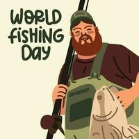 Fisherman's Day. A funny cartoon man with a fishing rod demonstrates his catch. Fishing as a vacation. Banner with the image of a man, a fishing rod and a fish. Printing on paper and textiles square vector