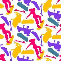 A pattern of bright silhouettes of people on skateboards. Colorful vector illustration on a white background. Extreme, tricks, bright color. A bright youth collection of sports silhouettes