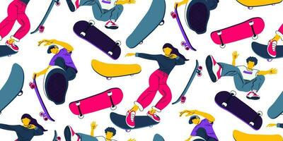 A pattern with a girl and guys on skateboards. Teenage figure skaters ride a skateboard. A hand-drawn vector illustration of bright teenagers on skateboards doing different tricks. Printing