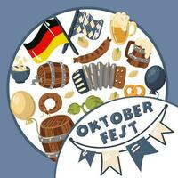 Oktoberfest is a Bovary beer festival. The name with a stretch of flags and elements of the festival decorated in a circle. Printing on textiles and paper, banner, invitations. Beer Festival invites vector