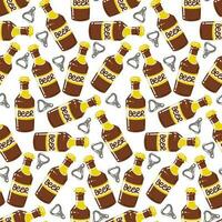 Seamless pattern of beer bottles and bottle openers in cartoon style on a white background. Vector illustration for Oktoberfest, bar, pub, brewery. Printing on textiles and paper for cafes packaging