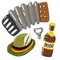 Set for Oktoberfest, the national holiday of German beer. Vector illustration of a carnival hat, beer bottle, bottle opener, accordion accordion. Printing stickers for the festival.