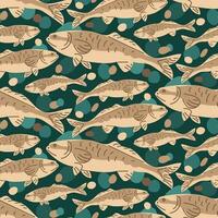 A pattern of huge beige fish swimming underwater with air bubbles on a blue background. Cartoon vector illustration with repeating fish in vintage style. Printing on textiles and paper