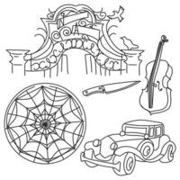 A set of elements of the school environment theme in a contoured monochrome style. The outline of a gate, a car, a bird, a spider window, a cello, a knife. Black and white collection for Halloween vector