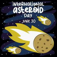 vector ilustración para internacional asteroide día. asteroides corriendo mediante espacio en un azul antecedentes con estrellas en el fondo, como un bandera, un volantes para el día festivo. junio 30 cuadrado