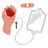 The collection kit takes venous blood from the patient's vein for donation. Hand-drawn vector illustration. A simple color collection. Blood bag, needle, female hand, warm-up ball, patch Blood