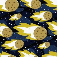 A pattern of flying asteroids in the night sky. Asteroids are flying at high speed with fire towards a hand-drawn children's vector illustration. Printing on textiles and paper, wrapping paper