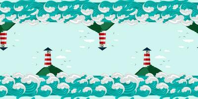 Pattern with lighthouses on the island surrounded by large waves in cartoon style, mirror image with offset. Vector graphic illustration of the ocean and coast lighthouse Seamless pattern for printing