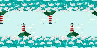 Pattern with lighthouses on the island surrounded by large waves in cartoon style, mirror image with offset. Vector graphic illustration of the ocean and coast lighthouse Seamless pattern for printing