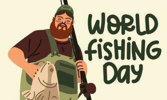 Fisherman's Day. A funny cartoon man with a fishing rod demonstrates his catch. Fishing as a vacation. Banner with the image of a man, a fishing rod and a fish. Printing on paper and textiles. banner vector