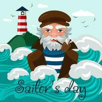 A banner with an old bearded sailor and a pipe in a vest holds a lighthouse and seagulls against a cloudy sky. A sailor on the background of turquoise big waves. Postcard vector