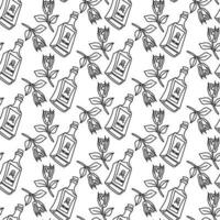 The pattern of the elements of the theme of the weekend in the contour style. Monochrome contoured poison bottle and rose. Black and white background with Halloween elements Printing on textiles,paper vector