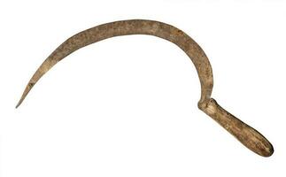 old rusty wrought iron sickle isolated on white photo