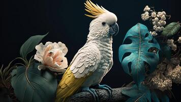 Colorful pair of parrots sitting on branch between leafs Tropical rainforest , flowers in the background, 3D rendering incredibly detailed. photo