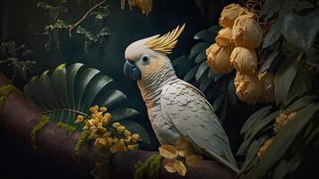 vistoso par de loros sentado en rama Entre hojas tropical selva , flores en el fondo, 3d representación increíblemente detallado. foto