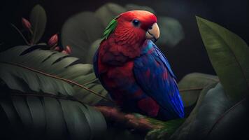 vistoso par de loros sentado en rama Entre hojas tropical selva , flores en el fondo, 3d representación increíblemente detallado. foto