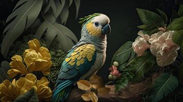 vistoso par de loros sentado en rama Entre hojas tropical selva , flores en el fondo, 3d representación increíblemente detallado. foto