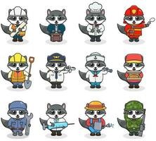 Cartoon Raccoon in professional uniform. Vector set of Raccoon different professions. Vector characters with jobs different occupation. Different jobs professionals. Isolated vector icons set