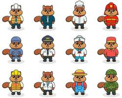 Vector set of cute Squirrel with different professions. Cartoon cute Squirrel  dressed in different occupation uniform. Vector characters with jobs different occupation.