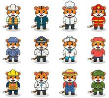 Cartoon Tiger in professional uniform. Vector set of Tiger different professions. Vector characters with jobs different occupation. Different jobs professionals. Isolated vector icons set