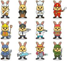 Cartoon Rabbit in professional uniform. Vector set of Rabbit different professions. Vector characters with jobs different occupation. Different jobs professionals. Isolated vector icons set