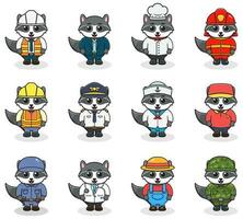 Vector set of cute Raccoon with different professions. Cartoon cute Raccoon dressed in different occupation uniform. Vector characters with jobs different occupation.