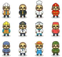 Vector set of cute Sloth with different professions. Cartoon cute Sloth dressed in different occupation uniform. Vector characters with jobs different occupation.