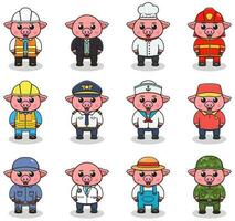 Vector set of cute Pig with different professions. Cartoon cute Pig dressed in different occupation uniform. Vector characters with jobs different occupation.