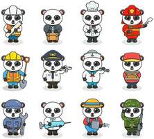 Cartoon Panda in professional uniform. Vector set of Panda different professions. Vector characters with jobs different occupation. Different jobs professionals. Isolated vector icons set