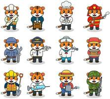 Vector set of cute Tiger with different professions. Cartoon cute Tiger dressed in different occupation uniform. Vector characters with jobs different occupation.