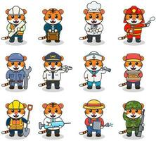 Vector set of cute Tiger with different professions. Cartoon cute Tiger dressed in different occupation uniform. Vector characters with jobs different occupation.