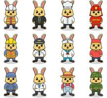 Vector set of cute Rabbit with different professions. Cartoon cute Rabbit dressed in different occupation uniform. Vector characters with jobs different occupation.