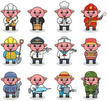 Cartoon Pig in professional uniform. Vector set of Pig different professions. Vector characters with jobs different occupation. Different jobs professionals. Isolated vector icons set