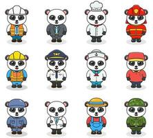 Vector set of cute Panda with different professions. Cartoon cute Panda dressed in different occupation uniform. Vector characters with jobs different occupation.