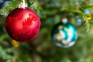 decorated glass balls on natural christmas tree photo