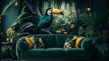 vistoso par de tucán para co aves sentado en rama Entre hojas tropical selva , flores en el fondo, 3d representación increíblemente detallado. foto