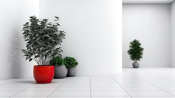 3d realista vector habitación interior con en conserva plantas en el piso. ai generativo. foto