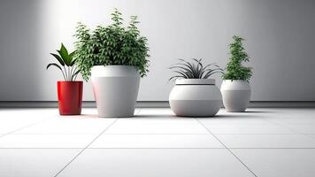 3d realistic room interior with potted plants on the floor. . photo