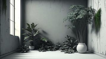 3d realista vector habitación interior con en conserva plantas en el piso. ai generativo. foto