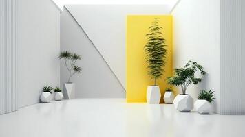 3d realistic room interior with potted plants on the floor. . photo