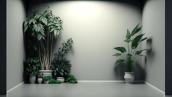 3d realistic room interior with potted plants on the floor. . photo