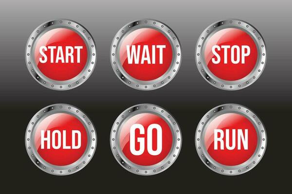 Glossy 3D Engine Stop Button, Start Button, Go, Hold, Wait and Run Button Set Badge, Emblem, Stamp, Seal, Sticker, Label Illustration With Metallic Silver and Red Color Combination