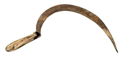 ancient rusty forged iron sickle with wood handle photo